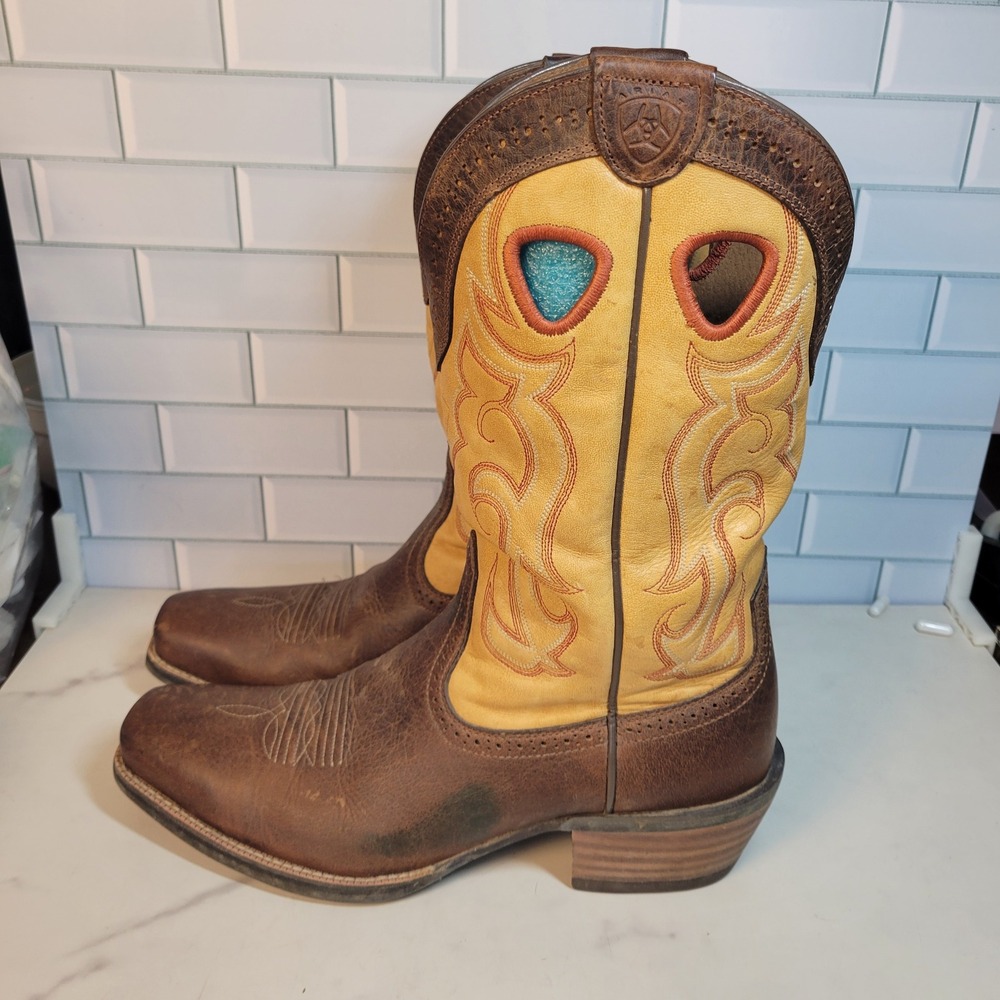 ARIAT RAWHIDE BROWN & YELLOW LEATHER SQUARE TOE COWBOY BOOTS 10006864 MENS 11 D